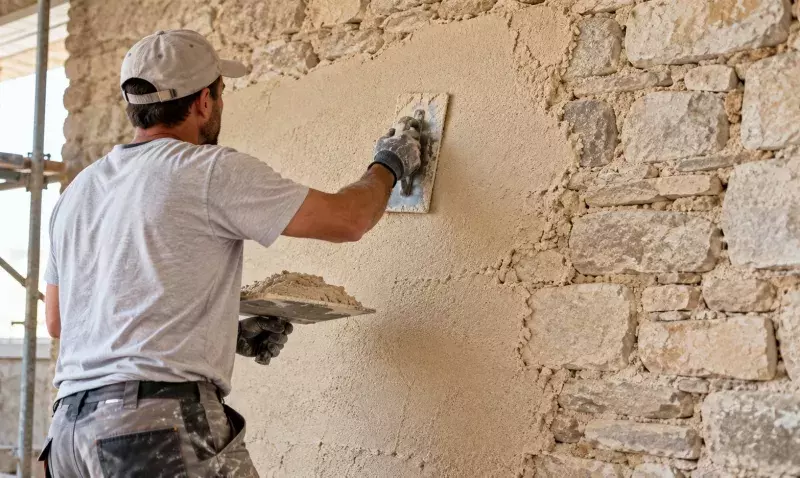 Applicateur talochant un enduit à la chaux sur un mur en pierre calcaire, moellons apparents à droite