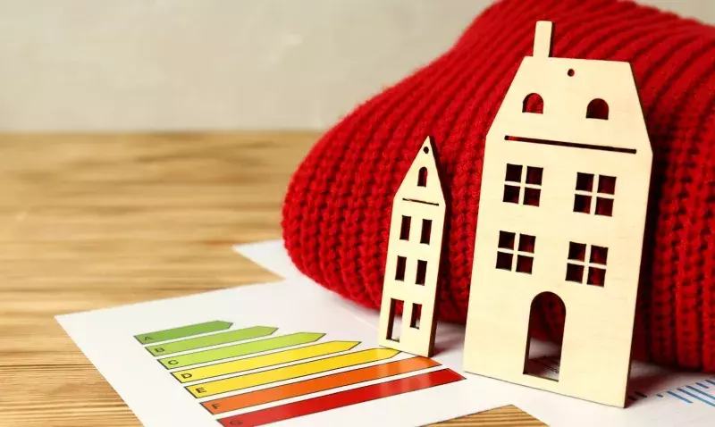 Maquettes de maisons en bois posées près d'une étiquette énergie de A à G et d'une écharpe rouge