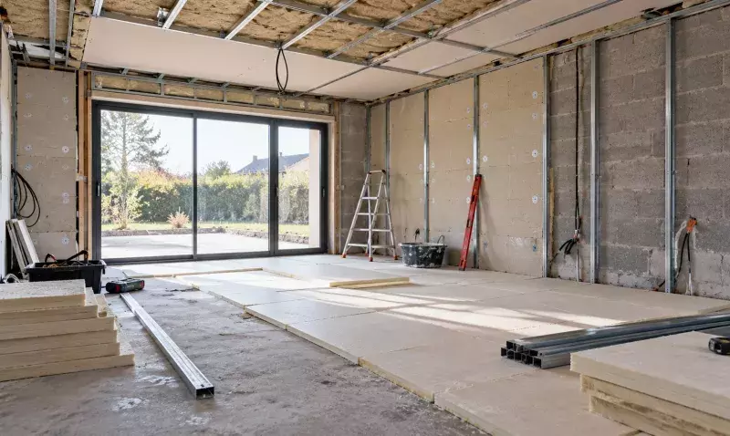Ancien garage en cours de transformation, isolant posé au sol et aux murs, baie vitrée à la place de la porte