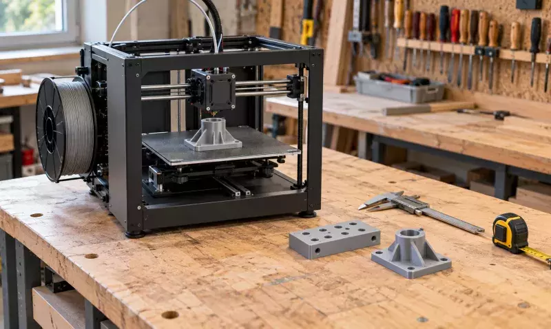 Imprimante 3D de bureau sur un établi d'atelier, avec une pièce imprimée, un gabarit et un pied à coulisse