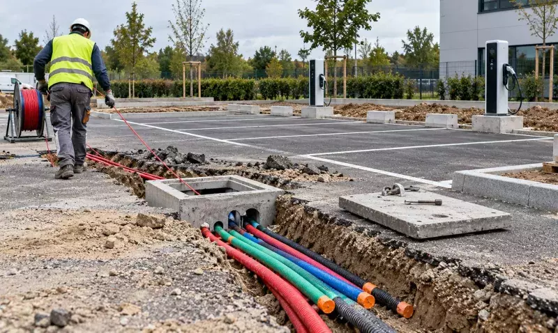 Tranchée ouverte sur un parking, fourreaux de couleurs posés devant une chambre de tirage béton