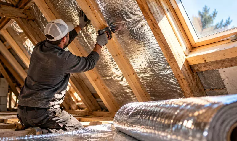 Pose d'un isolant mince réfléchissant entre chevrons sous la couverture d'un comble en rénovation