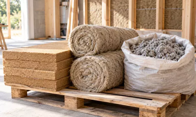 Panneaux de fibre de bois, rouleaux de chanvre et sac de ouate de cellulose posés sur une palette de chantier