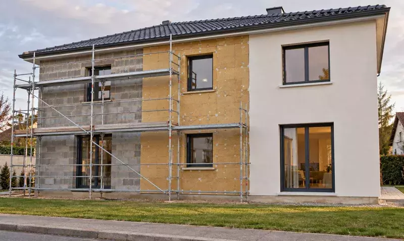 Façade de maison en cours d'isolation par l'extérieur, mur nu, panneaux isolants et enduit terminé