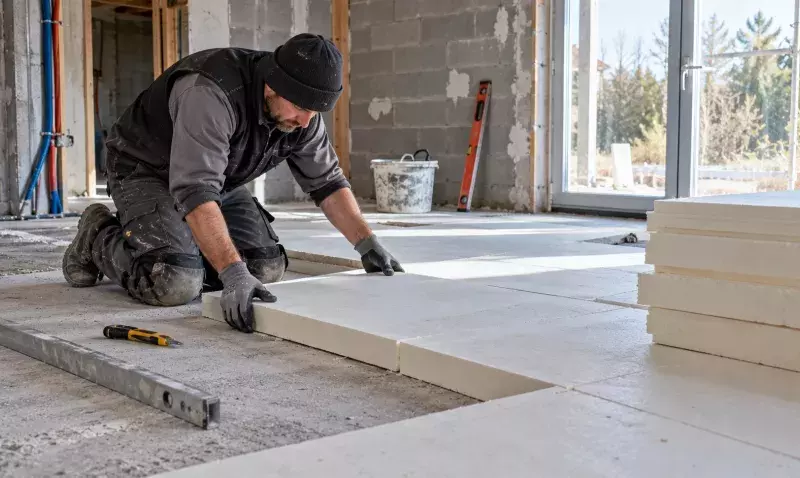 Un artisan agenouillé pose des panneaux isolants rigides sur la dalle béton d’une maison en rénovation