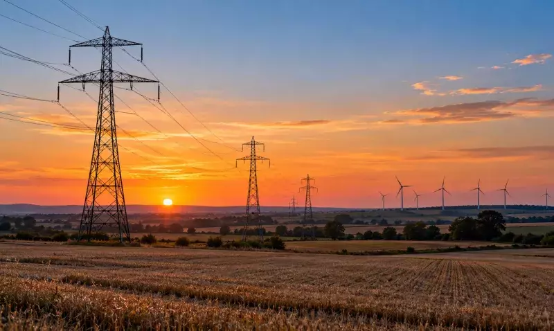 Ligne électrique haute tension traversant une plaine au crépuscule, éoliennes visibles à l'arrière-plan