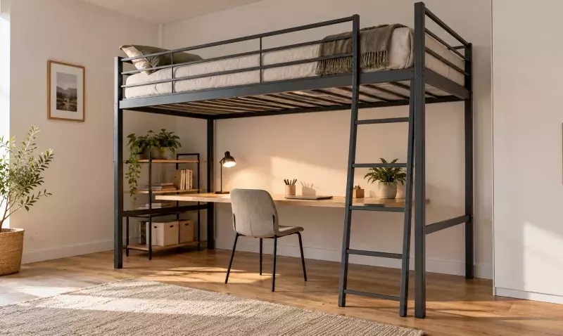 Lit mezzanine à structure métallique installé contre un mur clair, avec bureau aménagé dans le volume libéré