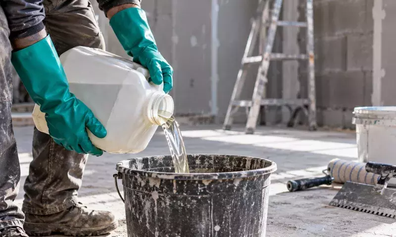 Mains gantées d’un ouvrier versant une résine depuis un bidon de chantier dans un seau de gâchage