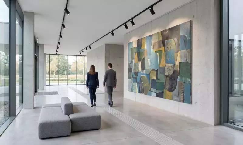 Grande toile contemporaine accrochée dans le hall lumineux d'un bâtiment tertiaire, banquette et circulation