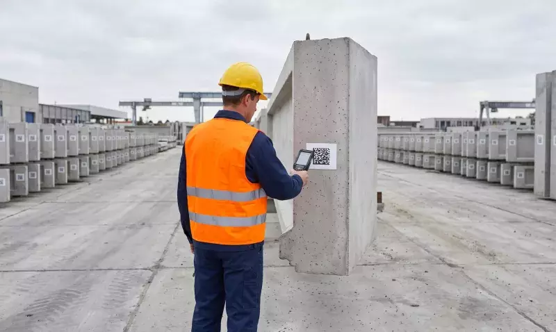 Opérateur en gilet orange scannant l'étiquette à QR code d'un élément en béton préfabriqué stocké