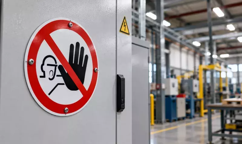 Panneau rond d'interdiction à bord rouge fixé sur une armoire électrique grise, atelier industriel en arrière-plan