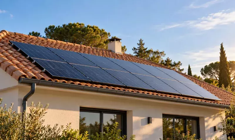 Panneaux photovoltaïques alignés sur le bas d'un versant de toiture en tuiles canal d'une maison de plain-pied