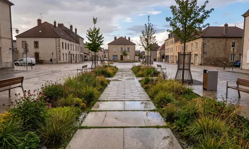 Place de village après la pluie, cheminement en dalles de pierre bordé de noues plantées de graminées