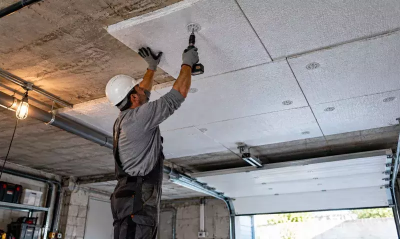 Pose de panneaux isolants en sous-face de la dalle béton d'un garage, fixation mécanique au plafond