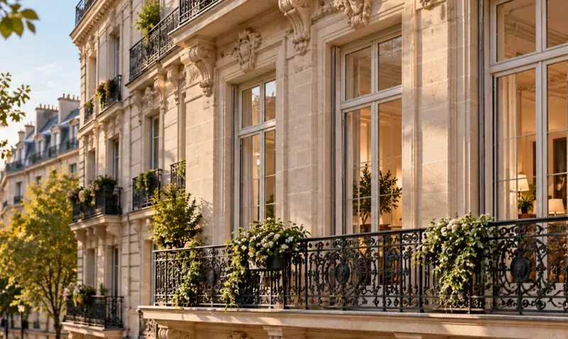 Façade haussmannienne en pierre de taille dont les fenêtres bois à petits bois ouvrent sur un balcon filant fleuri