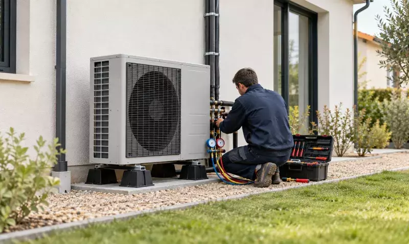 Installateur raccordant l'unité extérieure d'une pompe à chaleur le long d'une maison individuelle