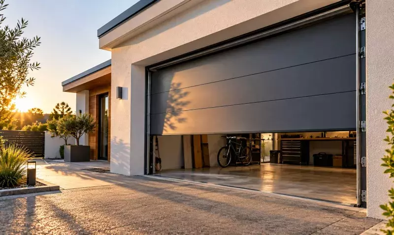 Porte de garage sectionnelle descendue aux deux tiers sur une maison contemporaine, garage éclairé au crépuscule