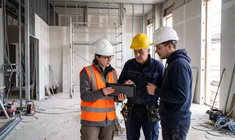 Trois professionnels du bâtiment casqués consultent une tablette numérique sur un chantier en second œuvre