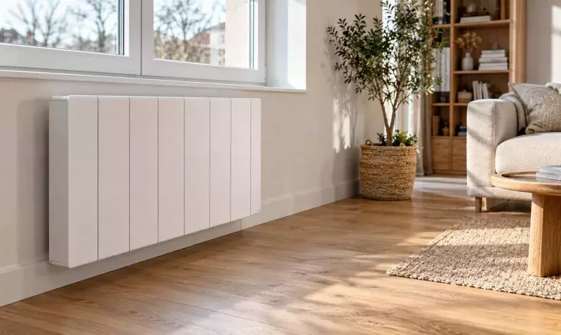 Radiateur électrique blanc fixé sous une fenêtre dans un séjour clair à parquet chêne, lumière naturelle d'hiver