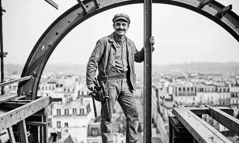Ouvrier métallier d'époque sur une arche rivetée dominant les toits de Paris, visuel de l'exposition du SCMF