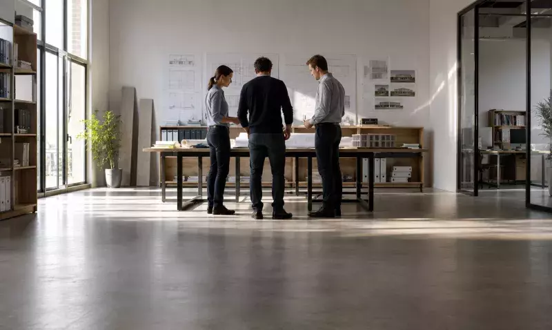 Réunion autour de plans dépliés et d'une maquette de bâtiment dans un bureau d'études contemporain