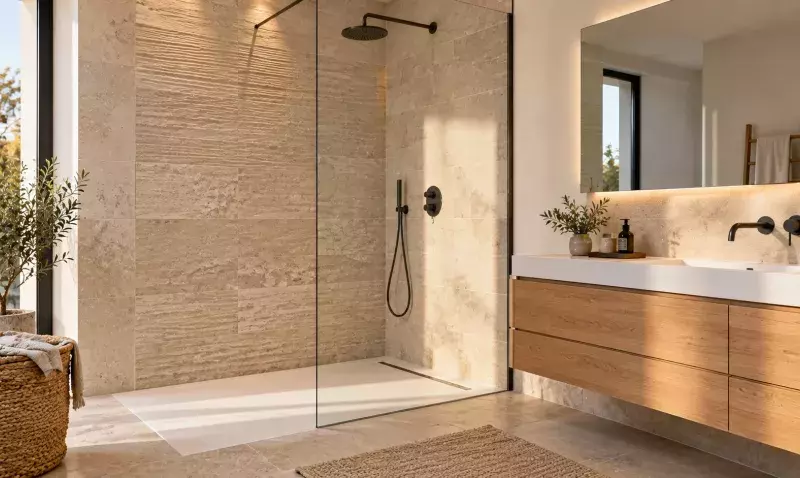 Douche à l'italienne à receveur affleurant et paroi fixe, mur en travertin, robinetterie noire et meuble en chêne