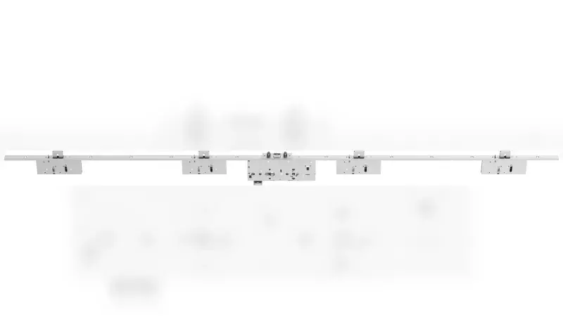 Serrure à mortaiser multipoints vue à plat sur toute sa longueur : têtière, boîtier central et quatre pênes.