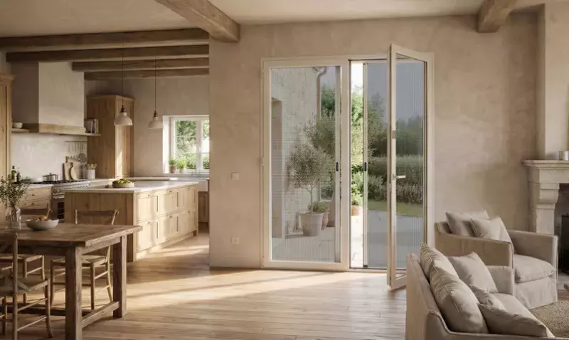 Différents modèles de moustiquaires installés sur des fenêtres, baies et portes.
