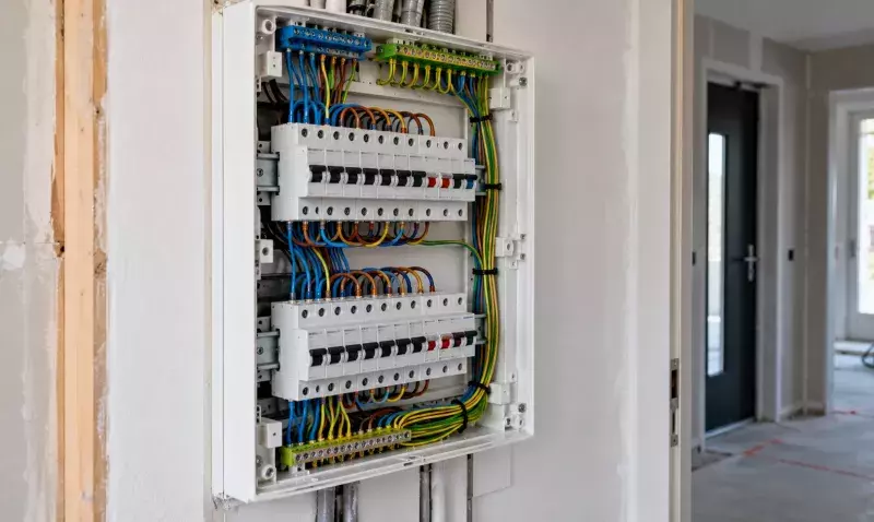 Tableau électrique ouvert dans un logement en rénovation, deux rangées de disjoncteurs et conducteurs repérés