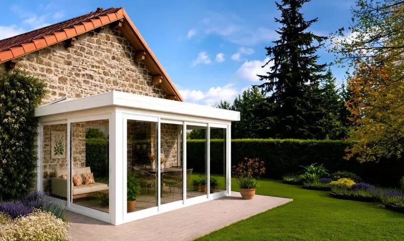 un pignon en pierre, une véranda blanche à toiture plate, une terrasse dallée, un jardin.