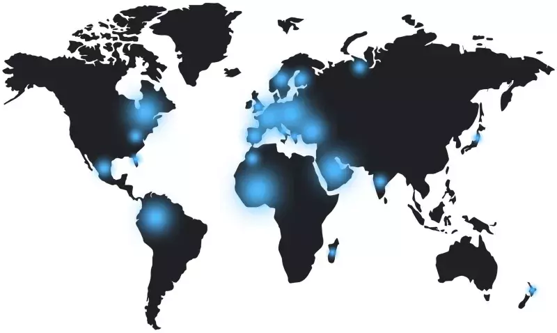 Carte du monde des implantations du Groupe LBA, continents sombres et zones de présence en bleu