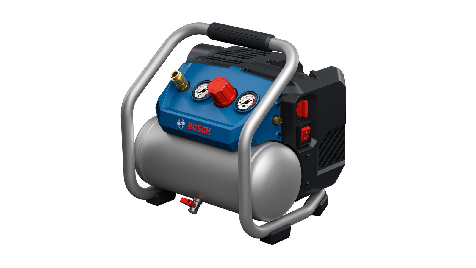 Compresseur Bosch GKO18V-51 vu de trois quarts, deux manomètres, molette de réglage et vanne de vidange